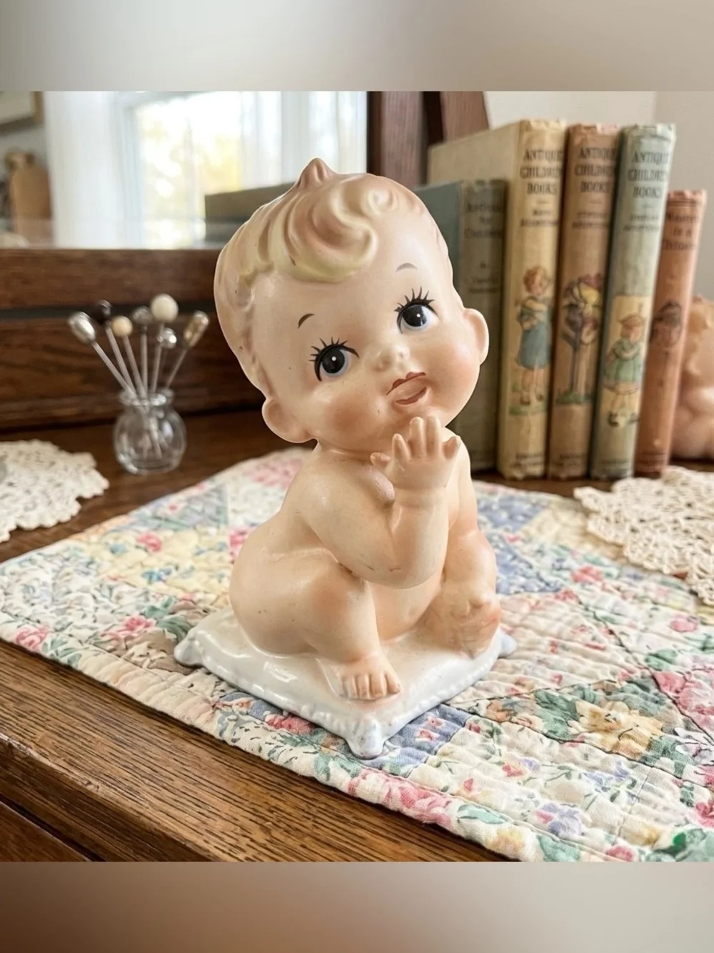 Vintage Baby Boy On A Pillow Ceramic Vase Plantor By Velco Ceramics made Japan